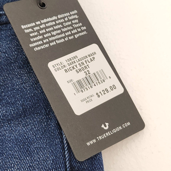 New True Religion Ricky SN Flap Shorts (32") Men Dark Lagoon Wash Denim Relaxed - Picture 3 of 10